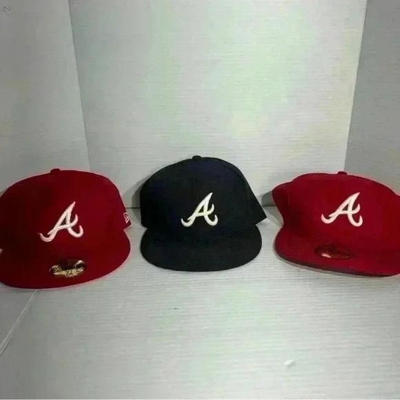Men's Atlanta Braves New Era Logo 59FIFTY Red And Navy Fitted Hat 7 3/8 Lot Of 3 - Picture 1 of 10